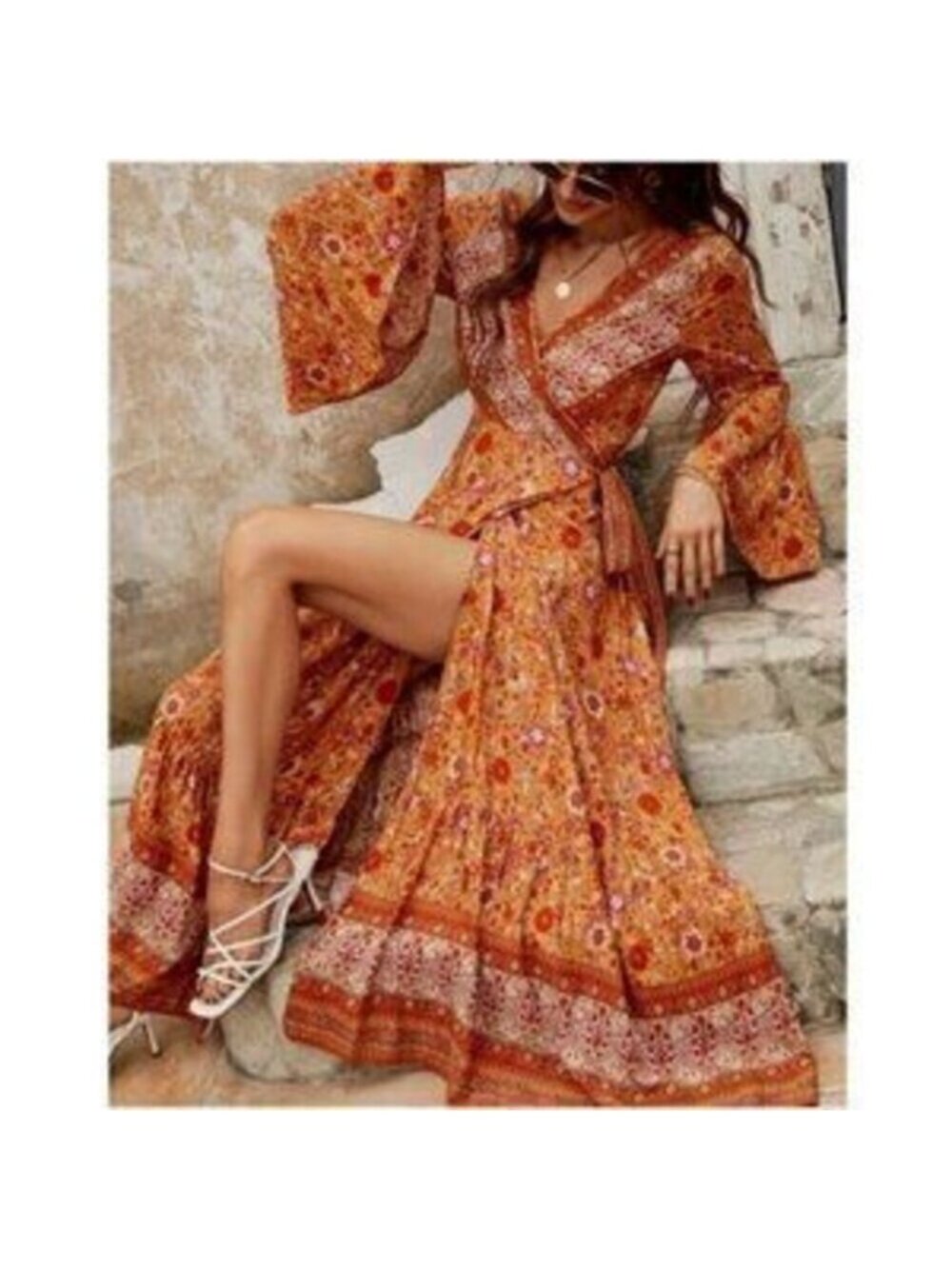 Boho Floral Print Wrap Maxi Dress orange